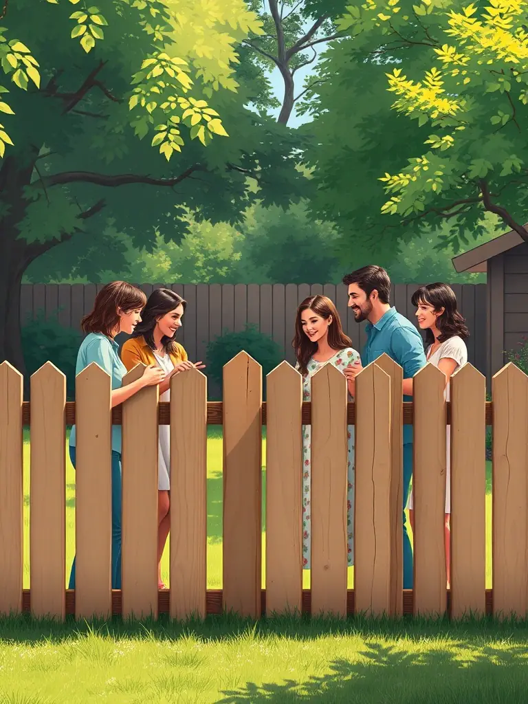 A visual representation of a boundary, such as a fence, with a family interacting respectfully on either side.
