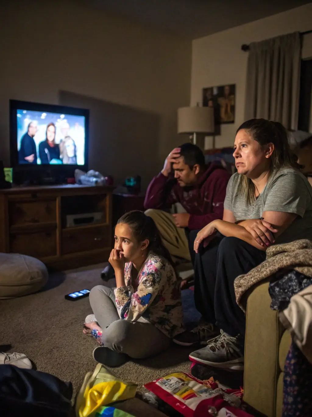 A concerned family sitting together on a couch, looking stressed and unhappy, symbolizing communication breakdown.