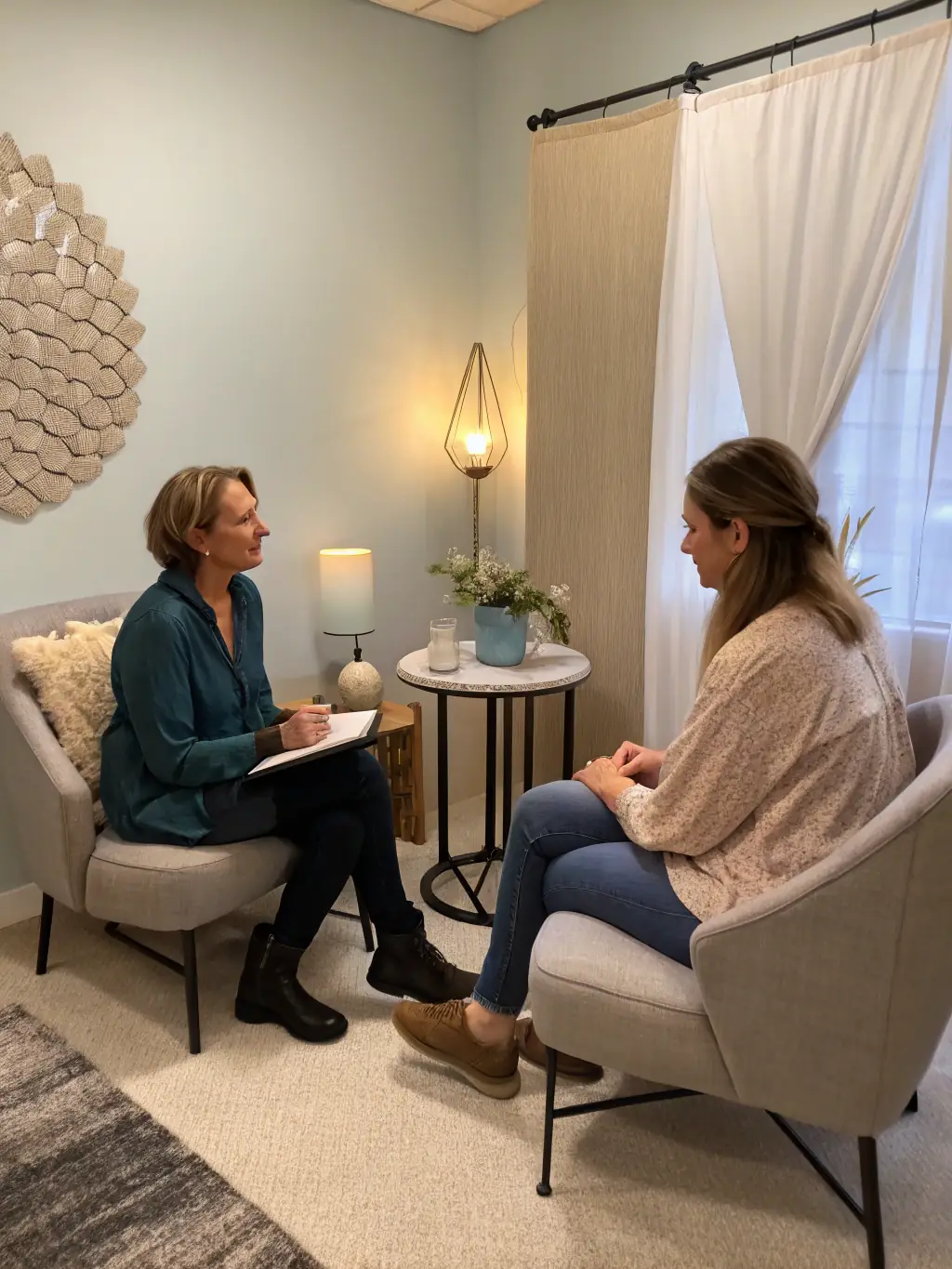 An individual in a one-on-one coaching session, discussing personal development goals with a supportive coach, in a private and comfortable setting.