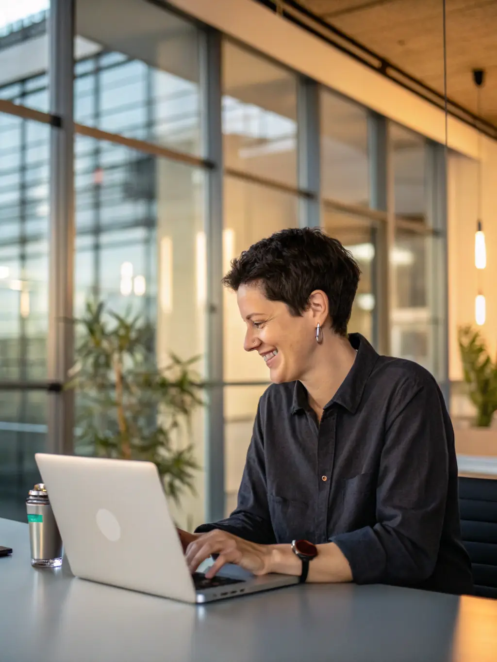 A person using a self-help app on their phone, with a calm and focused expression, in a modern office setting, indicating digital wellbeing resources.