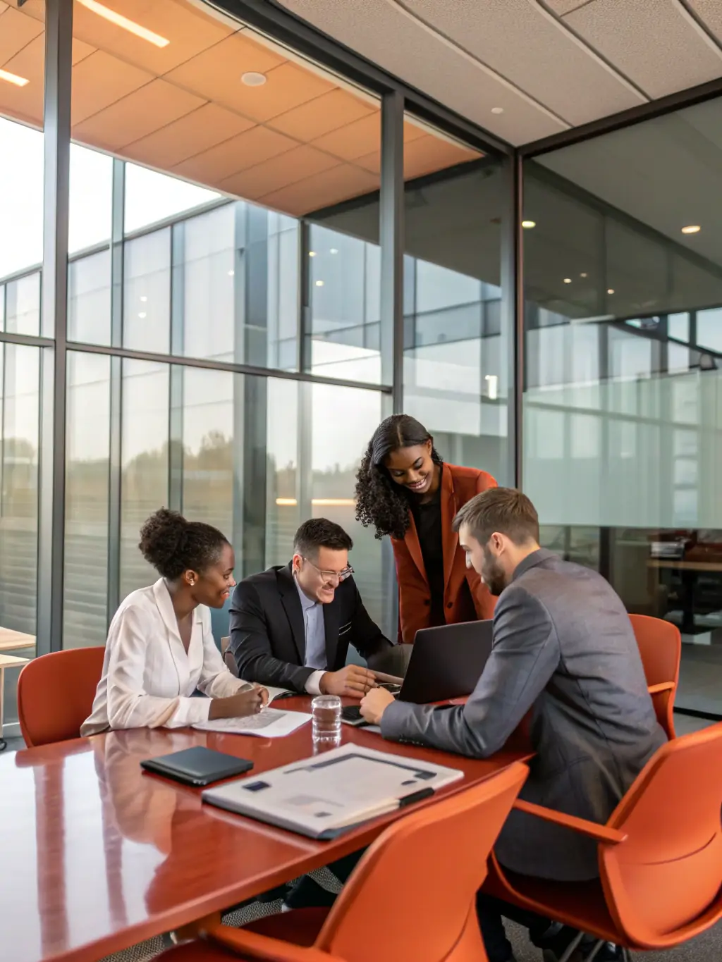 A diverse group of employees participating in a skills-based workshop, actively engaging with the facilitator, in a bright and collaborative workspace.