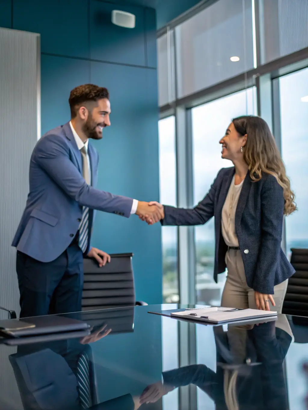 A smiling businesswoman shaking hands with a new client after a successful workshop, with a visible attendance sheet and referral cards on the table. This image will be used to showcase increased attendance and referral rates.