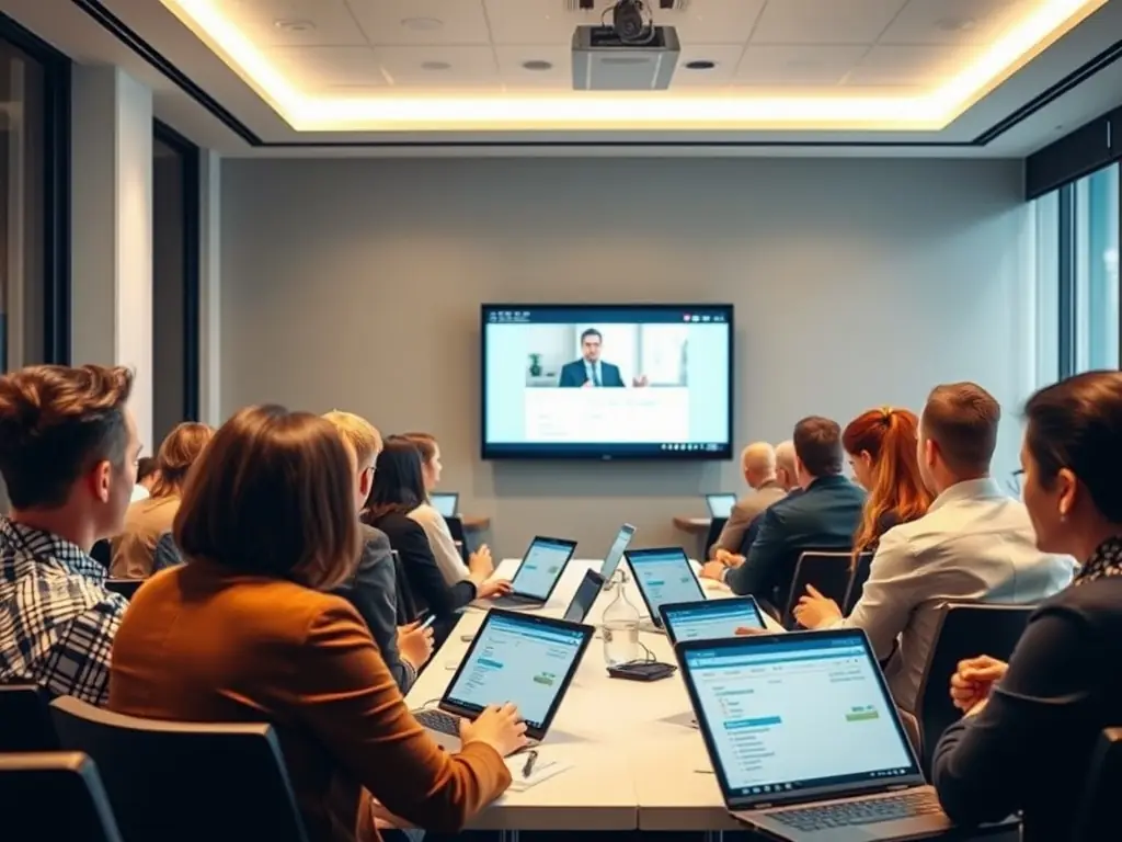 A diverse group of Singaporean professionals attending an interactive workshop, engaging with digital devices and participating in a live poll, set in a modern seminar room.